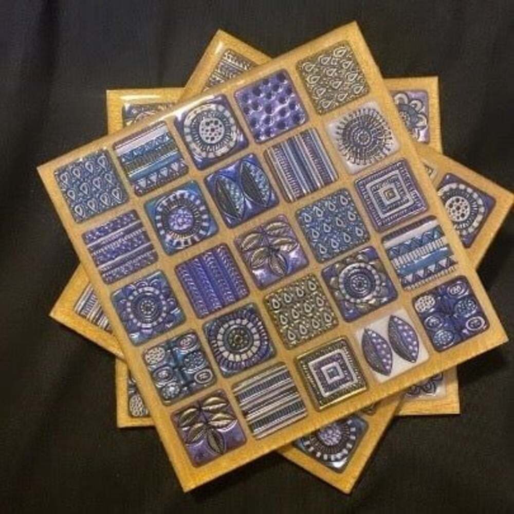 4pc Set Gold & Blue/Purple Moroccan Tile Style Handmade Wooden Resin Coasters